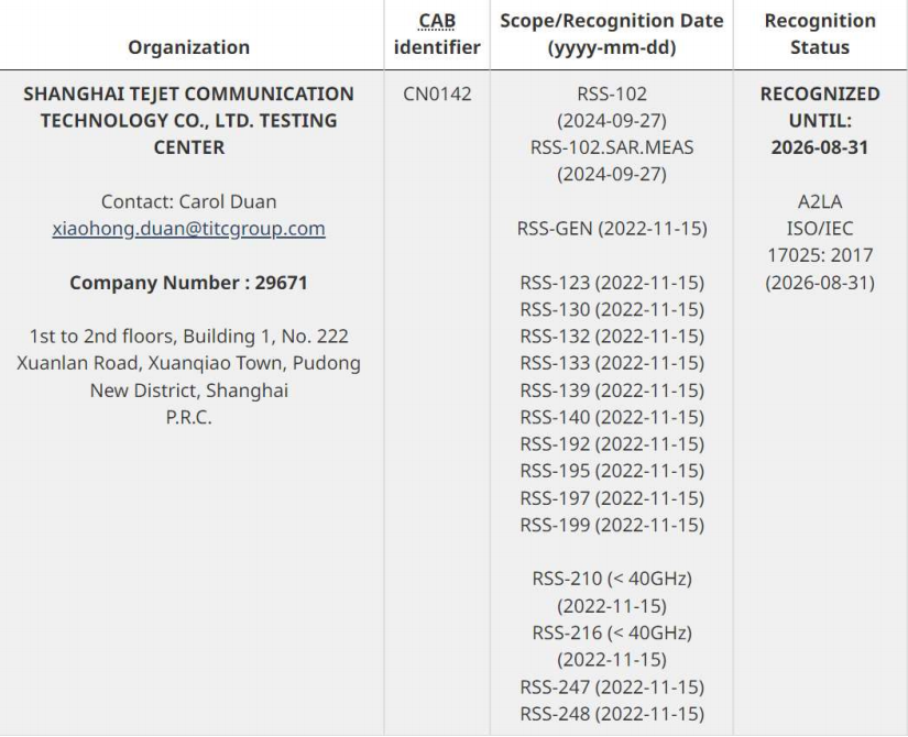 上海泰捷通信技术有限公司ISED Recognized Wireless Device Testing Laboratory