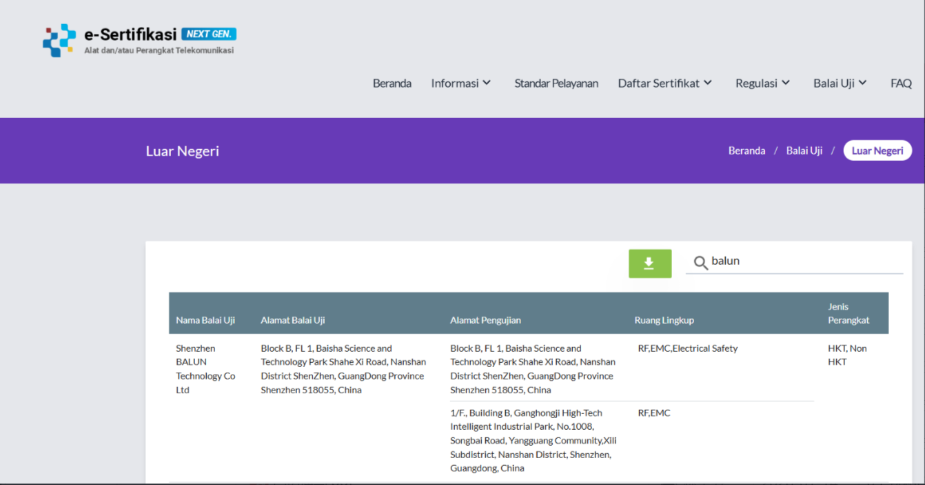 深圳市巴伦技术股份有限公司印尼SDPPI授权实验室